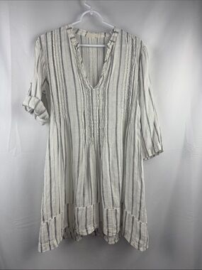 CP Shades 100% Linen Regina Tunic Dress White Gray Roll Tap Size XS USA